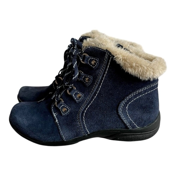 Earth Origins Crowley Navy Suede Faux Fur Lace Up Ankle Boots 11M NWOB - Picture 4 of 11
